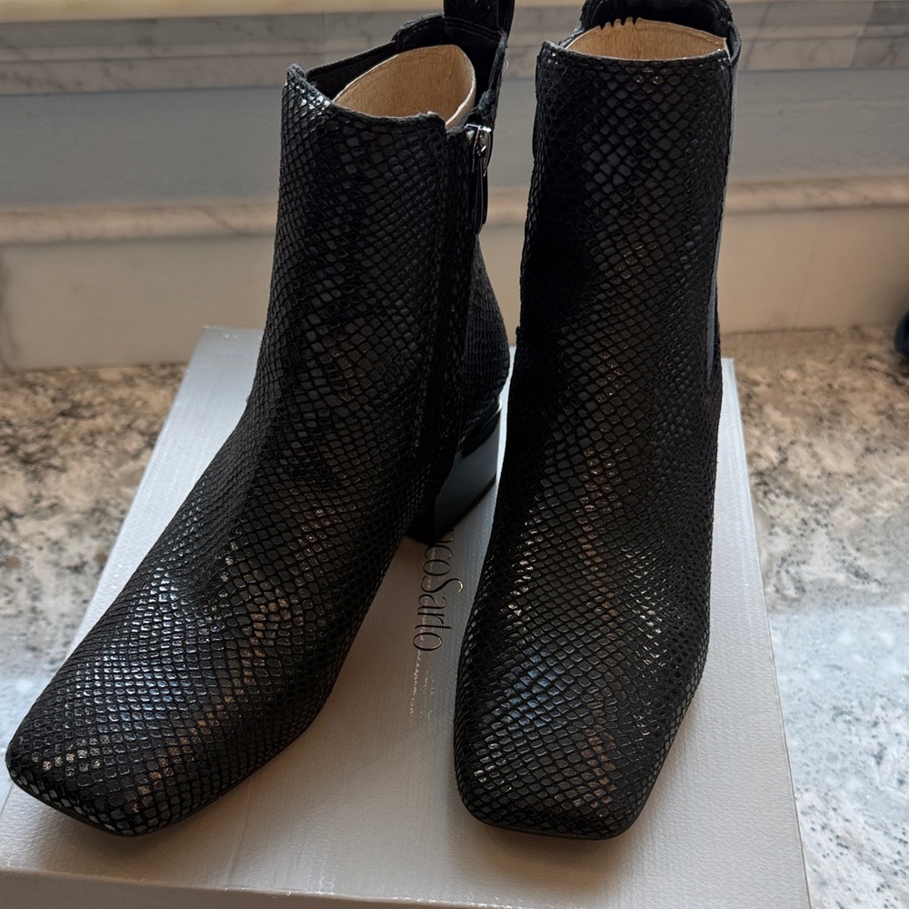 Franco Sarto Black Snake Print Ankle Boots